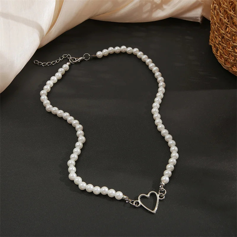 Korean Pearl Heart Charm Necklace