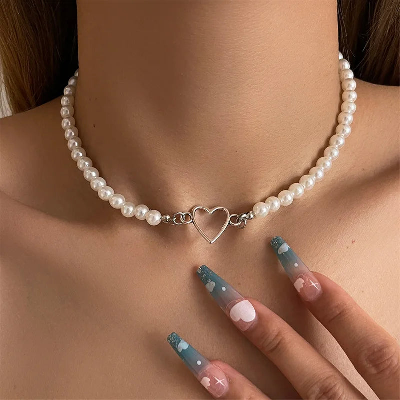 Korean Pearl Heart Charm Necklace