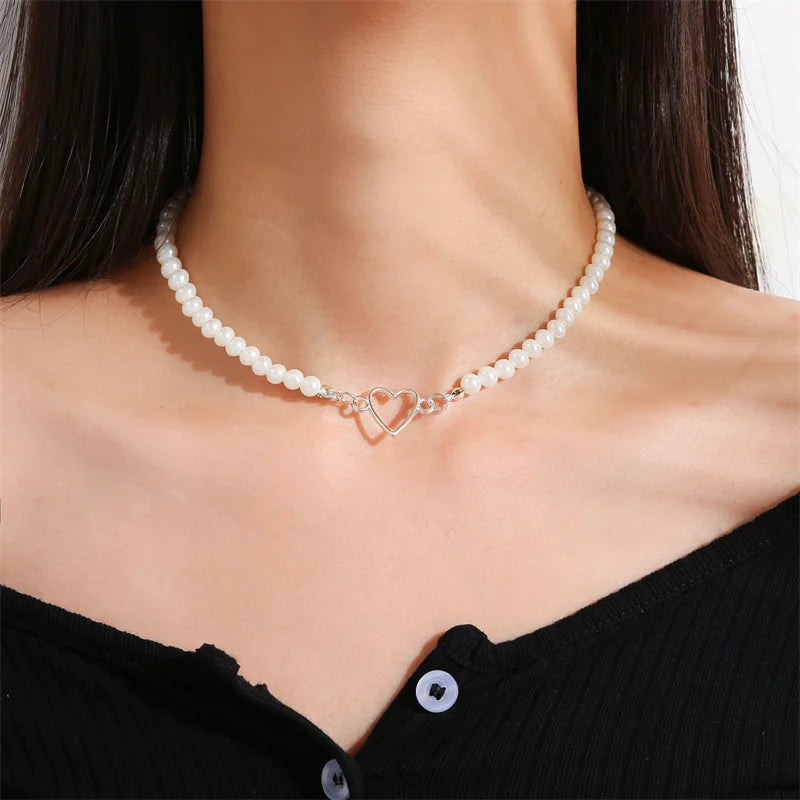 Korean Pearl Heart Charm Necklace