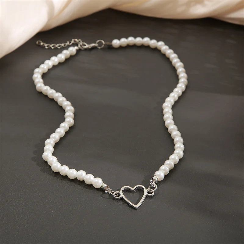 Korean Pearl Heart Charm Necklace